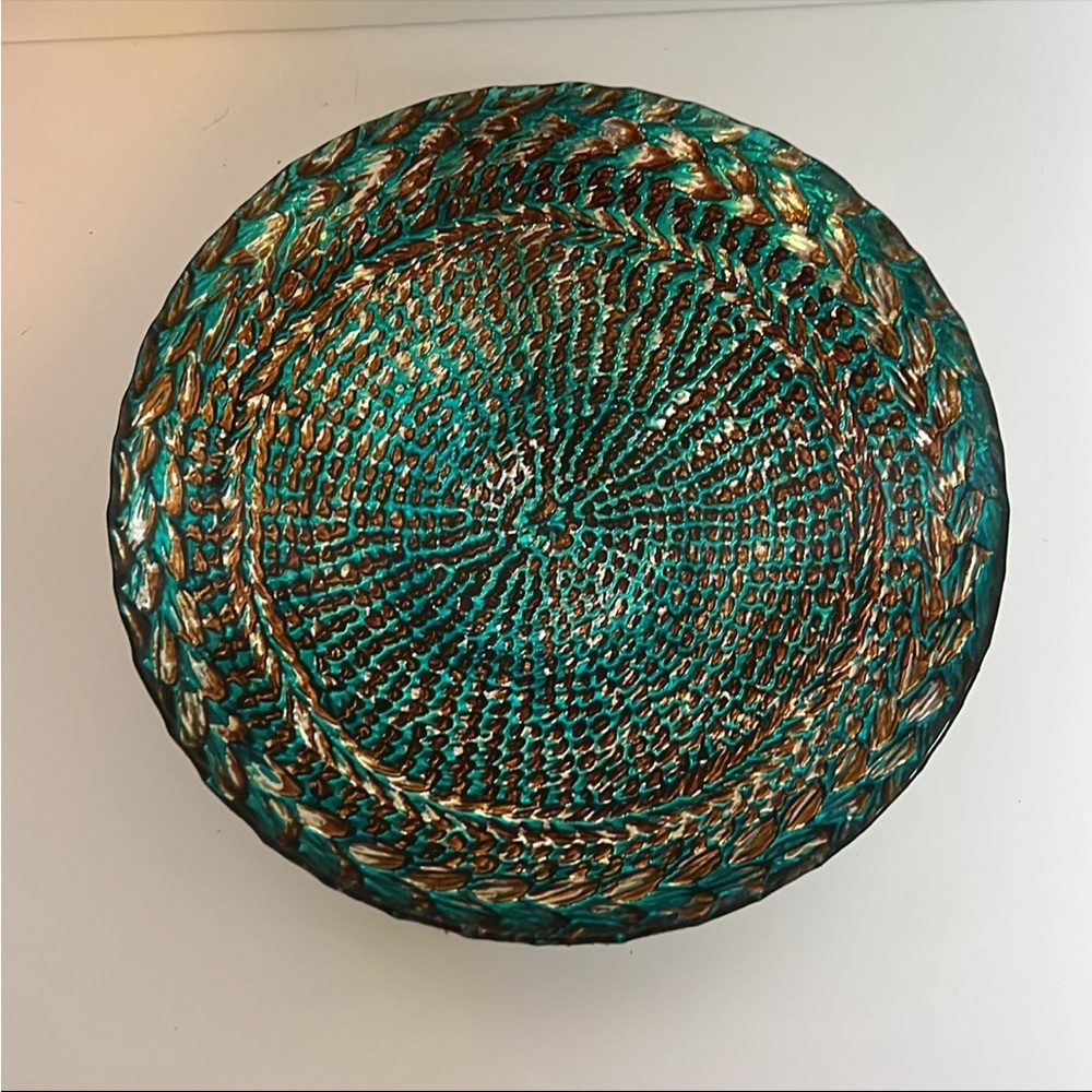 Turkish Art Glass Iridescent 8” Trinket Serving Reverse Painted Luminous